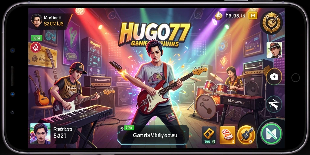 Screenshot HUGO77 menampilkan gameplay musik yang mendebarkan.