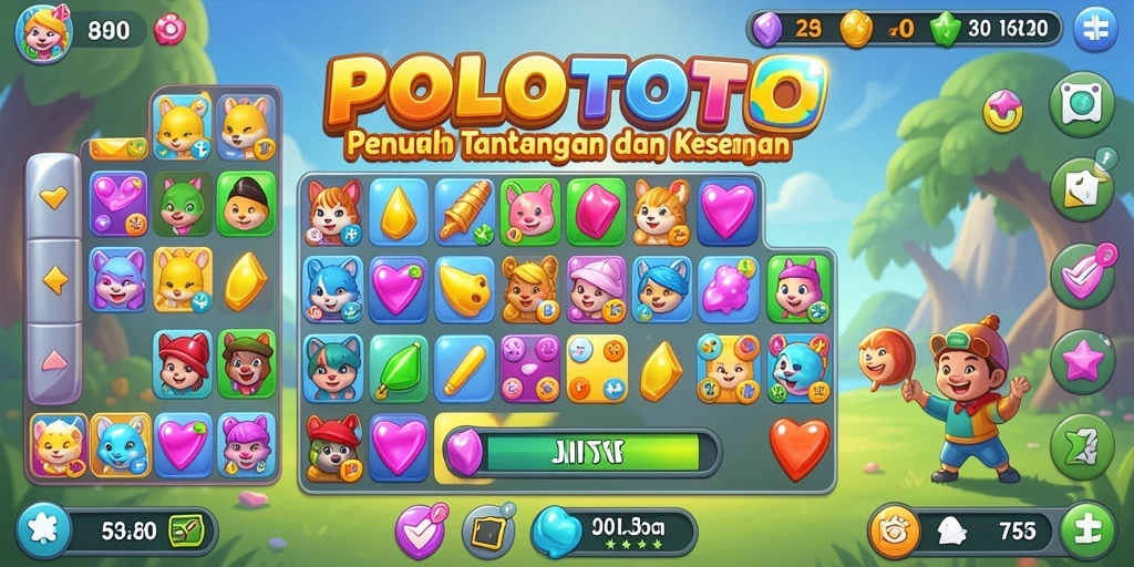 Tampilan gameplay seru di POLOTOTO dengan warna-warni mencolok dan tantangan Match-3.